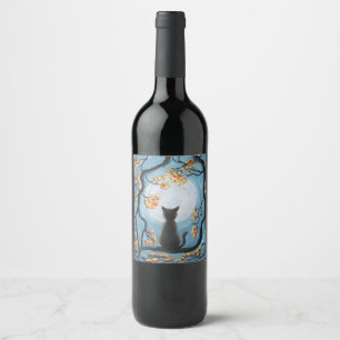 Etiqueta Para Botella De Vino Gato caprichoso en la pintura de la Luna Llena del