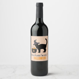 Etiqueta Para Botella De Vino gato conectado con sombrero de bruja en Halloween