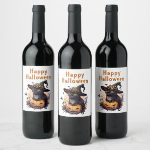 Etiqueta Para Botella De Vino Gato de bruja para Feliz Halloween
