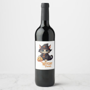 Etiqueta Para Botella De Vino Gato de Halloween Patas Brujas