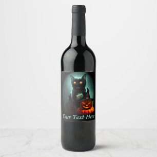 Etiqueta Para Botella De Vino Gato de vampiros y mago calabaza Halloween Surreal