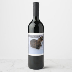 Etiqueta Para Botella De Vino gato del bosque noruego en la nieve