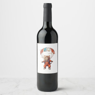 Etiqueta Para Botella De Vino Gato divertido en paracaidismo