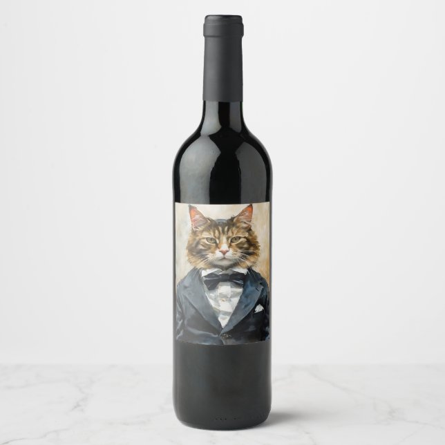 Etiqueta Para Botella De Vino Gato en un traje (Anverso)