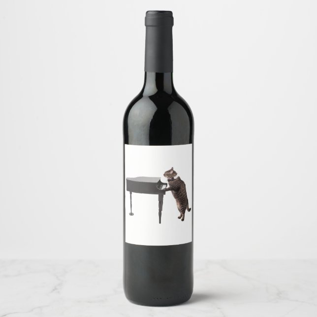 Etiqueta Para Botella De Vino Gato jugando al piano (Anverso)
