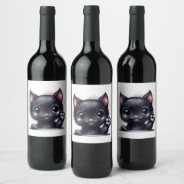 Etiqueta Para Botella De Vino Gato negro de Kawaii Adorable