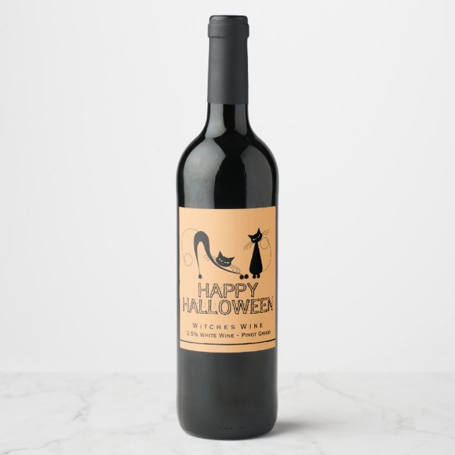 Etiqueta Para Botella De Vino Gato negro elegante, Halloween feliz (Anverso)