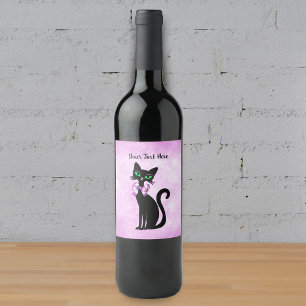 Etiqueta Para Botella De Vino Gato Negro Elegante Ojos Verdes Lazo Rosa Brillant