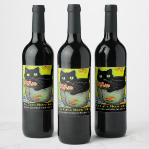 Etiqueta Para Botella De Vino Gato negro en maceta de flores