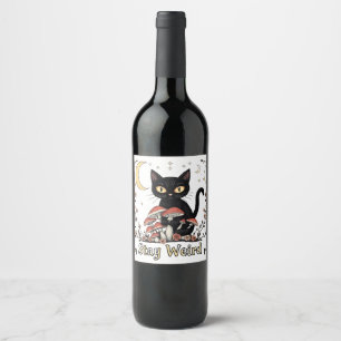 Etiqueta Para Botella De Vino Gato noir caprichoso enmarcado por hongos rojos y