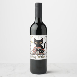 Etiqueta Para Botella De Vino Gato noir caprichoso enmarcado por hongos rojos y 