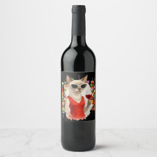 Etiqueta Para Botella De Vino Gato siamés bebiendo vino en una fiesta de barbaco