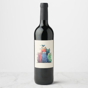 Etiqueta Para Botella De Vino Gatos Coloridos Apilados – Arte de Gatos Caprichos
