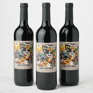 Etiqueta Para Botella De Vino Gatos divertidos de Halloween en una fiesta