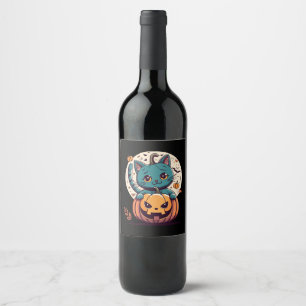 Etiqueta Para Botella De Vino Gatos y Calabazas para un Feliz Halloween!