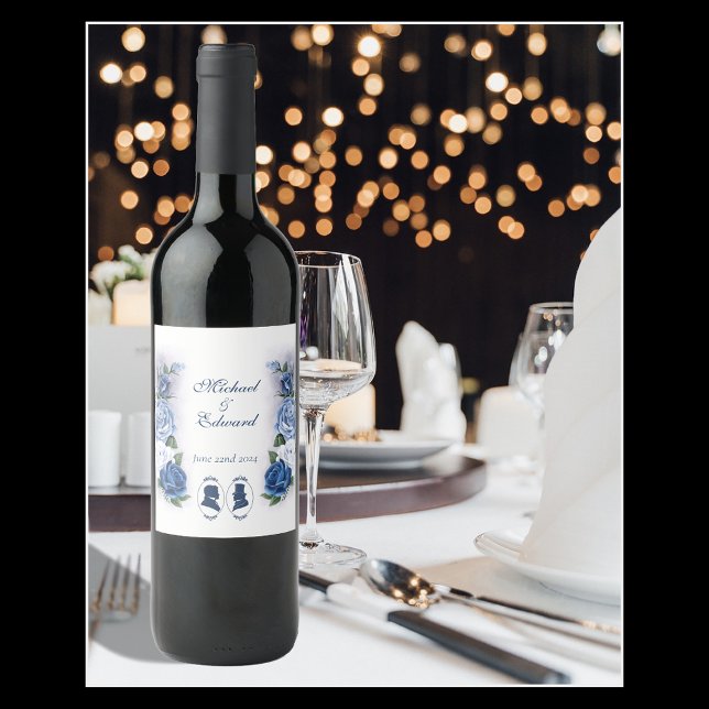 Etiqueta Para Botella De Vino Gay Grooms Regency Blue Rosas (Subido por el creador)