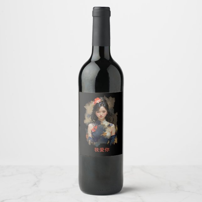 Etiqueta Para Botella De Vino Geji - liebe dich 我愛你 (Anverso)