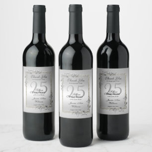 Etiqueta Para Botella De Vino Gema plateado y fiesta de cumpleaños número 25 d
