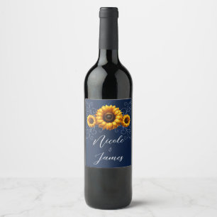 Etiqueta Para Botella De Vino Girasol Brillo Azul Glam Rústico Boda 
