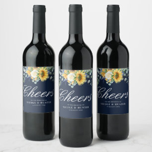 Etiqueta Para Botella De Vino girasoles color agua boda azul marino
