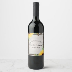 Etiqueta Para Botella De Vino Girasoles Madera Rústica Encaje País Vino de Boda