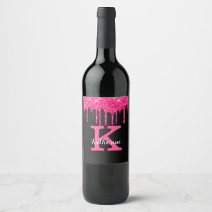 Etiqueta Para Botella De Vino Girly Black Hot Pink Purpurinas Dris Monograma Nom