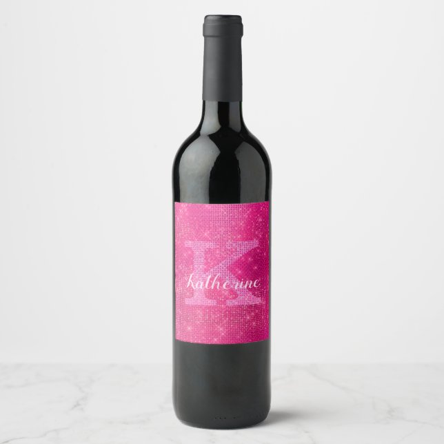 Etiqueta Para Botella De Vino Girona Purpurina rosa caliente Sparkle Glam Monogr (Anverso)