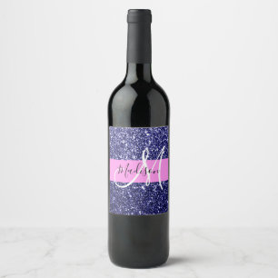 Etiqueta Para Botella De Vino Glam Azul Marino Rosa Brillo Purpurina Monograma N