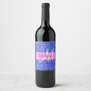 Etiqueta Para Botella De Vino Glam Azul Oscuro Rosa Brillo Destellos Monograma