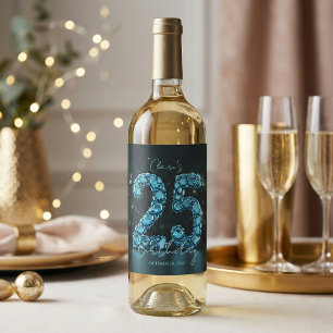 Etiqueta Para Botella De Vino Glam Azul Teal Burbujas 3D 25 Cumpleaños