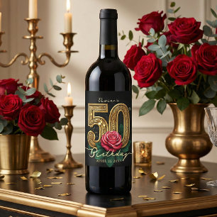 Etiqueta Para Botella De Vino Glam Black Gold Red Rose Fiesta de Cumpleaños 50
