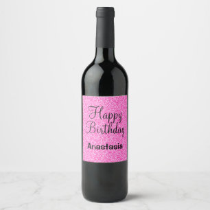 Etiqueta Para Botella De Vino Glam Happy Birday Hot Pink Purpurina Sparkle Name