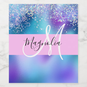 Etiqueta Para Botella De Vino Glam Holográfico Sirena Brillo Destello Monograma