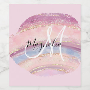 Etiqueta Para Botella De Vino Glam Oro Rosa Azul Monograma de Pincelada de Piedr