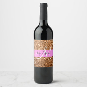 Etiqueta Para Botella De Vino Glam Pink & Copper Glitter Brillantes Monograma No