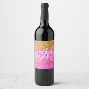 Etiqueta Para Botella De Vino Glam Pink & Gold Brillo Destello Gradiente Monogra