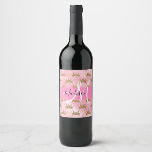 Etiqueta Para Botella De Vino Glam Pink & Gold Brillo Destellos Coronas Monogram