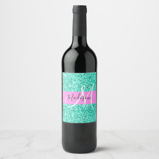 Etiqueta Para Botella De Vino Glam Pink Turquoise Purpurina Sparkles Monograma N