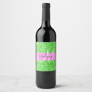 Etiqueta Para Botella De Vino Glam Pink y Verde Brillo Chispas Monograma Nombre