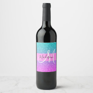 Etiqueta Para Botella De Vino Glam Purple Aqua Purpurina Sparkle Gradiente Monog