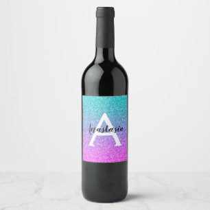 Etiqueta Para Botella De Vino Glam Purpura Acuarela Brillo Gradiente Monograma
