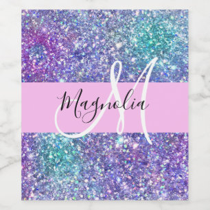 Etiqueta Para Botella De Vino Glam Purpura, Azul y Verde Glitter Monograma Brill