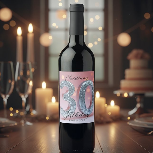 Etiqueta Para Botella De Vino Glamorosa Moda rosa y plateada secuencia 30 cumple (Subido por el creador)