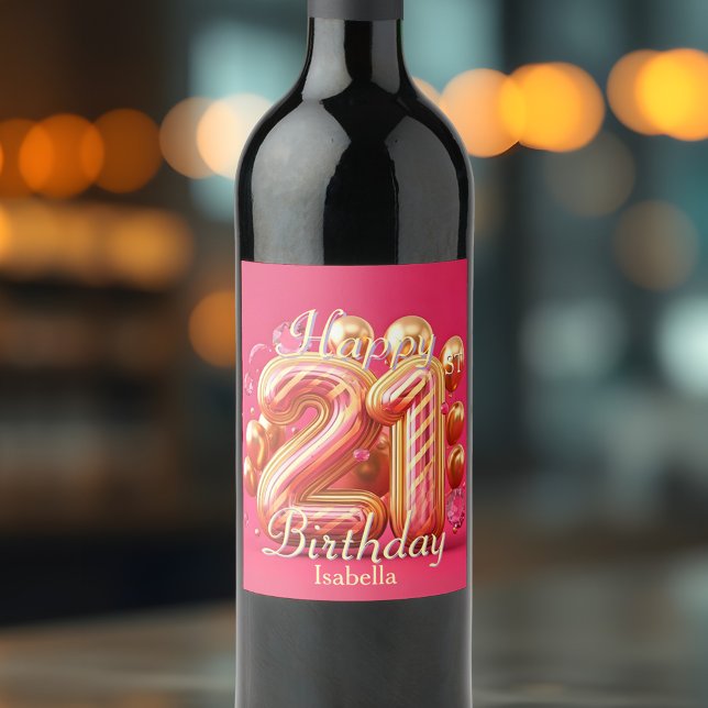 Etiqueta Para Botella De Vino Glamoroso rosado y oro rayado 21 cumpleaños (Subido por el creador)