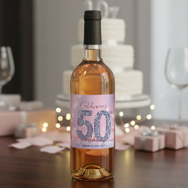 Etiqueta Para Botella De Vino Glamorous Pink Bokeh Silver Sequins 50th Birthday