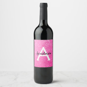 Etiqueta Para Botella De Vino Glamour Femenino Rosa Brillante Purpurina Monogram