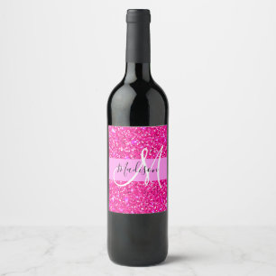Etiqueta Para Botella De Vino Glamour Rosa Caliente Brillante Chispas Monograma