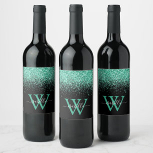 Etiqueta Para Botella De Vino Glitter de menta negra con monograma en letra scri