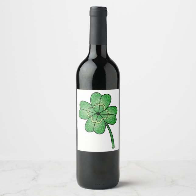 Etiqueta Para Botella De Vino Glitter Four Leaf Clover (Anverso)