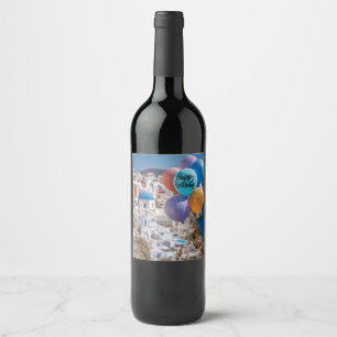 Etiqueta Para Botella De Vino Globos de cumpleaños felices en Santorini, Grecia